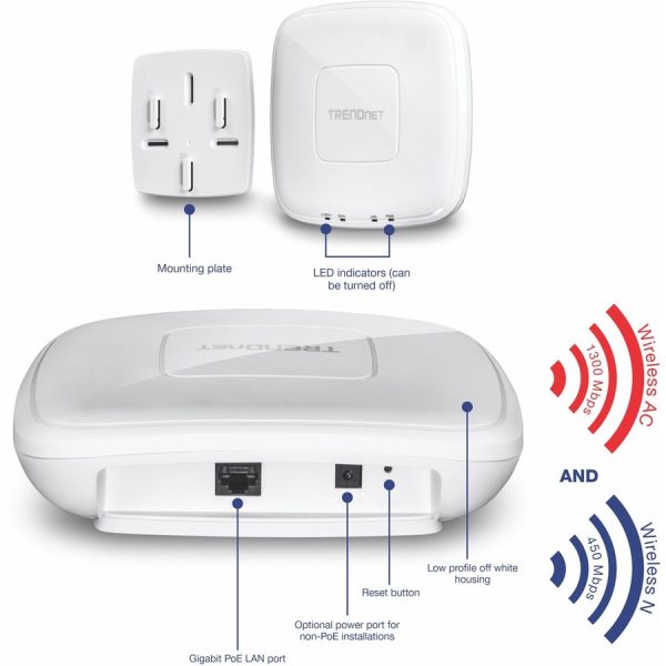 TRENDnet AC1750 Dual Band PoE Access Point, 1300Mbps WiFi AC+450 Mbps WiFi N, WDS Bridge, WDS Station, Repeater Modes, Band Steering, WiFi Traffic Shaping, IPv6, White, TEW-825DAP - Image 3