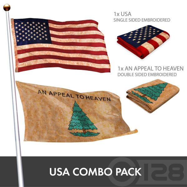 G128 Combo Pack: American USA Flag ToughWeave Series 3x5 Ft Single Sided & An Appeal to Heaven Tea-Stained Flag Double Sided 3x5 Ft Double ToughWeave Pro Series | Both Embroidered Poly, Brass Grommets - Image 2