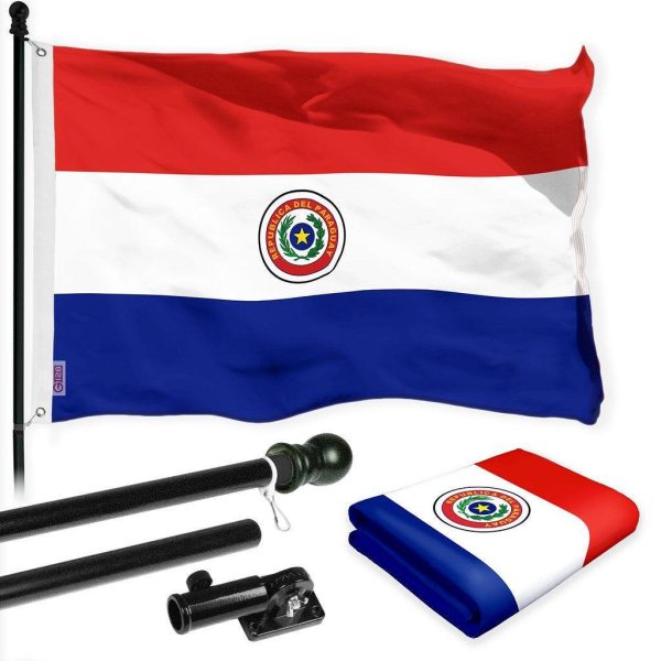 G128 Combo Pack: 6 Ft Tangle Free Spinning Flagpole (Black) & Paraguay Flag 3x5 Ft Printed 150D Polyester, Brass Grommets (Flag Included) Aluminum Flag Pole