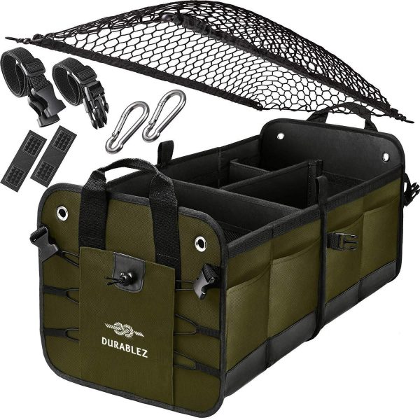 Trunk Organizer with Covering Net Attachable Non Slip Pads and Stainless Hooks Military Green