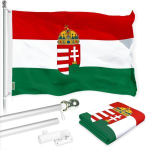 G128 Combo Pack: 6 Ft Tangle Free Spinning Flagpole (Silver) & Hungary Coat of Arms Flag 3x5 Ft Printed 300D Polyester, Brass Grommets (Flag Included) Aluminum Flag Pole