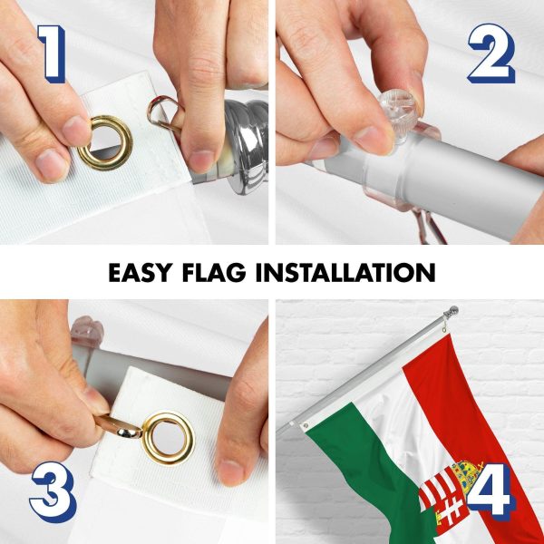 G128 Combo Pack: 6 Ft Tangle Free Spinning Flagpole (Silver) & Hungary Coat of Arms Flag 3x5 Ft Printed 300D Polyester, Brass Grommets (Flag Included) Aluminum Flag Pole - Image 7