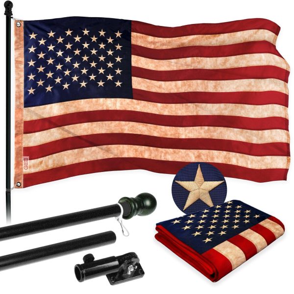 G128 Combo Pack: 5 Ft Tangle Free Aluminum Spinning Flagpole (Black) & USA Tea-Stained Flag 2x3 Ft, ToughWeave Pro Series Embroidered 420D Polyester | Pole with Flag Included
