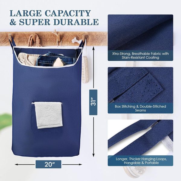 Fine Living Co. Large Hanging Laundry Hamper with Over Door Hooks & Adhesive Durable Space Saving Laundry Bag with Zipper and Wide Open Top Hanging Dorm Laundry Hamper (Navy Blue XL) - Image 2