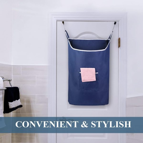 Fine Living Co. Large Hanging Laundry Hamper with Over Door Hooks & Adhesive Durable Space Saving Laundry Bag with Zipper and Wide Open Top Hanging Dorm Laundry Hamper (Navy Blue XL) - Image 5