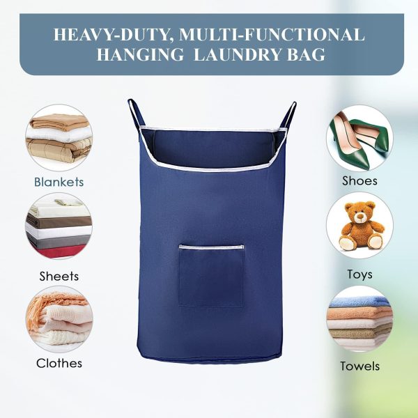 Fine Living Co. Large Hanging Laundry Hamper with Over Door Hooks & Adhesive Durable Space Saving Laundry Bag with Zipper and Wide Open Top Hanging Dorm Laundry Hamper (Navy Blue XL) - Image 7