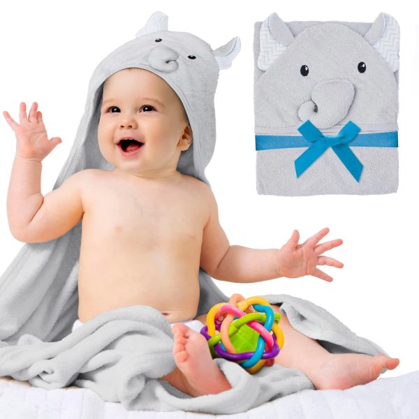 PUREVACY Hooded Baby Towels 33 x 33 Inches with Elephant Face. Light Gray Baby Bath Towels Hooded with Ears. 100% Woven Terry Cotton Hooded Towels for Baby Girl and Boy. Soft Toddler Towels for Kids