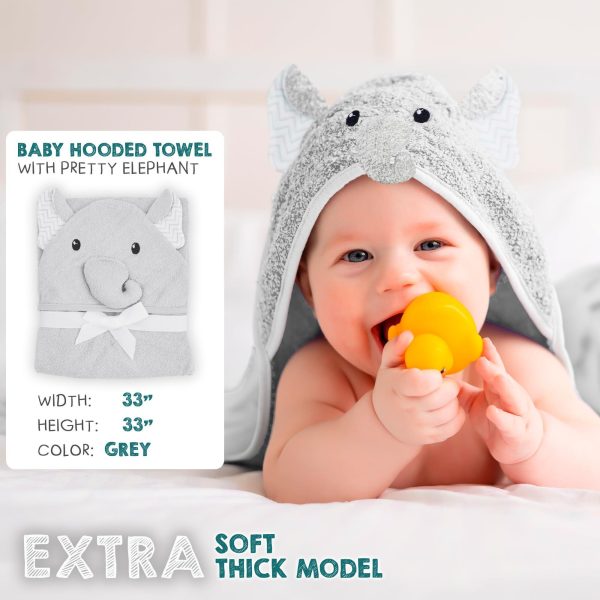PUREVACY Hooded Baby Towels 33 x 33 Inches with Elephant Face. Light Gray Baby Bath Towels Hooded with Ears. 100% Woven Terry Cotton Hooded Towels for Baby Girl and Boy. Soft Toddler Towels for Kids - Image 2