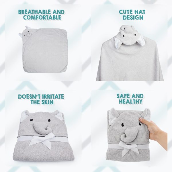 PUREVACY Hooded Baby Towels 33 x 33 Inches with Elephant Face. Light Gray Baby Bath Towels Hooded with Ears. 100% Woven Terry Cotton Hooded Towels for Baby Girl and Boy. Soft Toddler Towels for Kids - Image 5