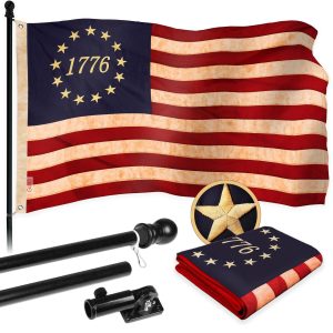 G128 Combo Pack: 6 Ft Tangle Free Aluminum Spinning Flagpole (Black) & Betsy Ross 1776 Tea-Stained Flag 3x5 Ft, ToughWeave Pro Series Embroidered 420D Polyester | Pole with Flag Included
