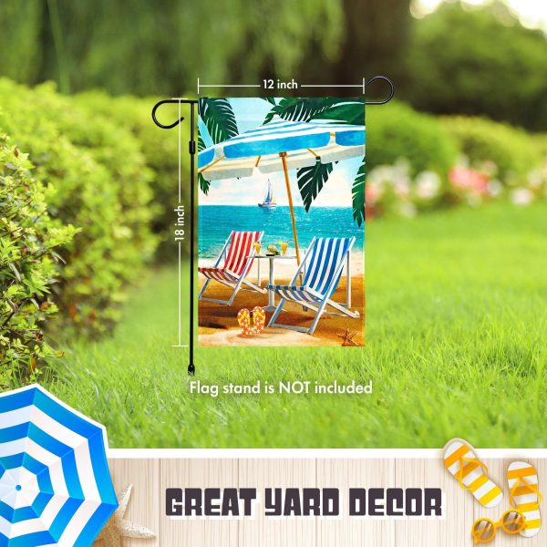G128 - Beach Summer with Chairs & Umbrella Garden Flag | 12x18 Inch | Printed 150D Polyester - Rustic Holiday Seasonal Outdoor Flag - Image 6