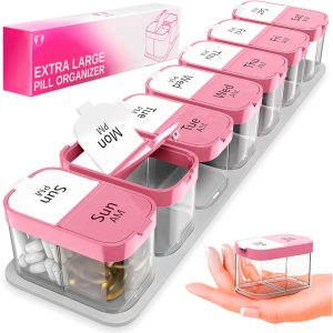 Extra Large Pill Organizer 2 Times A Day   Big Pill Box 7 Day Am Pm   XL Weekly Vitamin Holder Jumbo Medicine Container for Supplement XXL Daily Pill Case with Huge Oversized Compartments Pink White