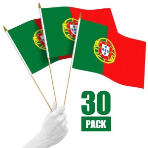 G128 30 Pack Handheld Portugal Portuguese Stick Flags | 12x18 In | Printed 150D Polyester, Country Flag, Solid Wooden Stick, Spear Gold Tip