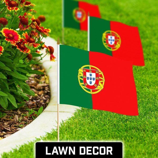 G128 30 Pack Handheld Portugal Portuguese Stick Flags | 12x18 In | Printed 150D Polyester, Country Flag, Solid Wooden Stick, Spear Gold Tip - Image 3