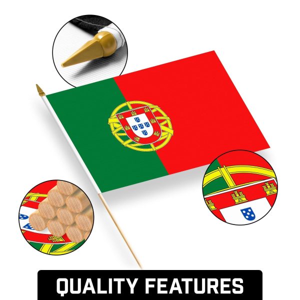 G128 30 Pack Handheld Portugal Portuguese Stick Flags | 12x18 In | Printed 150D Polyester, Country Flag, Solid Wooden Stick, Spear Gold Tip - Image 8