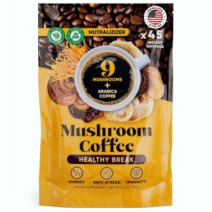 Instant Mushroom Coffee – 45 Servings | Arabica Coffee with 9 in 1 Adaptogenic Mushroom Powder Blend: Lion’s Mane Turkey Tail Reishi & More | Energy Boost Anti Stress Immune Support | Low Caffeine No Added Sugars