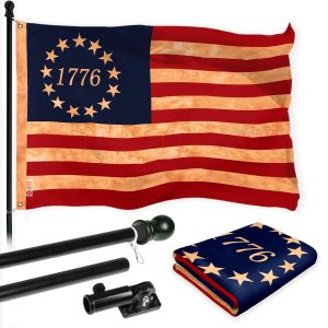 G128 Combo Pack: 6 Ft Tangle Free Aluminum Spinning Flagpole (Black) & Betsy Ross 1776 Tea-Stained Flag 3x5 Ft, LiteWeave Pro Series Printed 300D Polyester | Pole with Flag Included