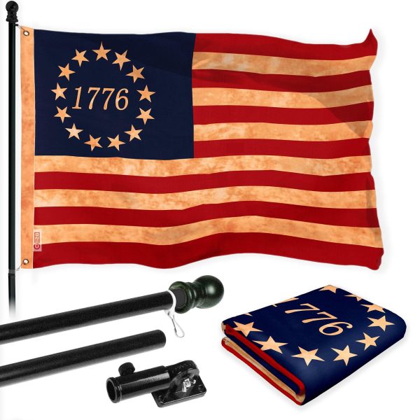 G128 Combo Pack: 6 Ft Tangle Free Aluminum Spinning Flagpole (Black) & Betsy Ross 1776 Tea-Stained Flag 3x5 Ft, LiteWeave Pro Series Printed 300D Polyester | Pole with Flag Included