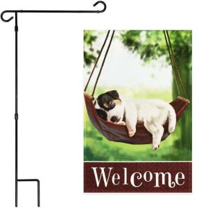 G128 Combo Pack: Garden Flag Stand Black 36x16 Inch & Garden Flag Welcome Sleeping Puppy 12x18 Inch