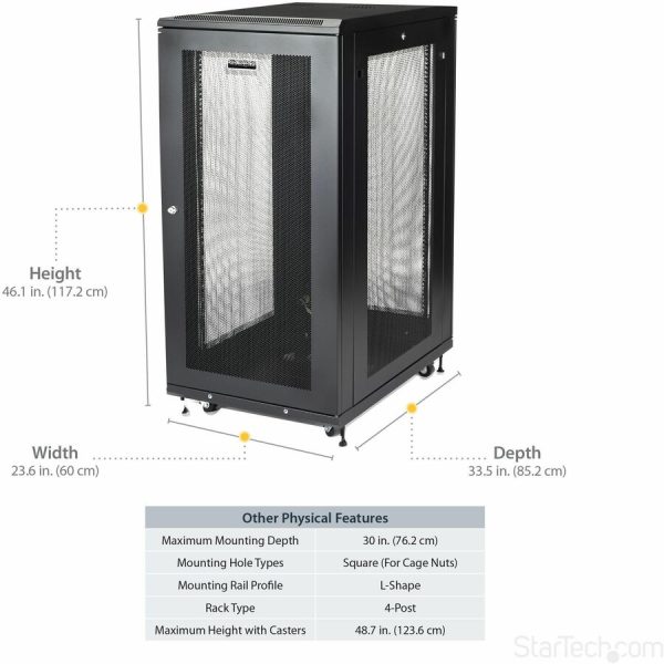 StarTech.com 24U 19" Server Rack Cabinet 4 Post Adjustable Depth 2-30" w/Casters/Cable Management/1U Shelf, Locking Doors and Side Panels - Image 4