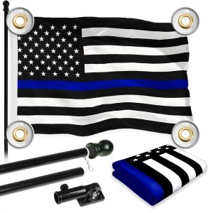 G128 Combo Pack: 6 Ft Tangle Free Aluminum Spinning Flagpole (Black) & Thin Blue Line Flag 3x5 Ft, LiteWeave Pro Series Printed 150D Polyester, 4 Corner Brass Grommets | Pole with Flag Included