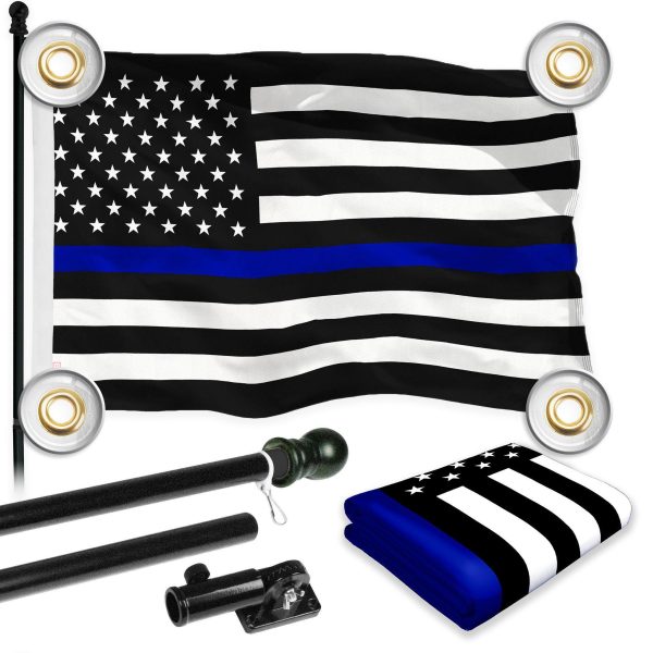 G128 Combo Pack: 6 Ft Tangle Free Aluminum Spinning Flagpole (Black) & Thin Blue Line Flag 3x5 Ft, LiteWeave Pro Series Printed 150D Polyester, 4 Corner Brass Grommets | Pole with Flag Included