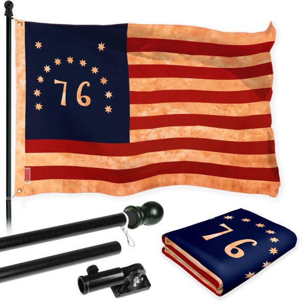 G128 Combo Pack: 6 Ft Tangle Free Aluminum Spinning Flagpole (Black) & Bennington 76 Tea-Stained Flag 3x5 Ft, LiteWeave Pro Series Printed 300D Polyester | Pole with Flag Included