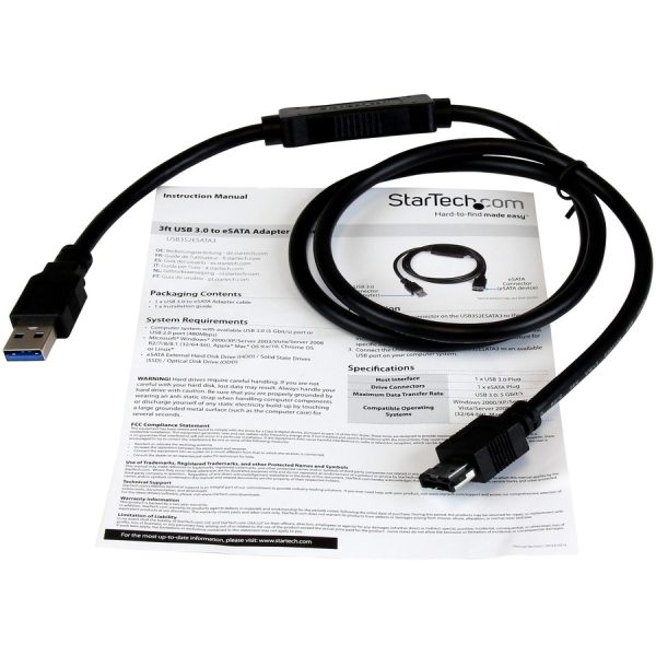 StarTech.com USB 3.0 to eSATA HDD / SSD / ODD Adapter Cable - 3ft eSATA Hard Drive to USB 3.0 Adapter Cable - SATA 6 Gbps - Image 8