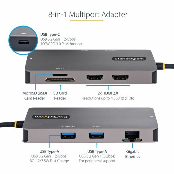 StarTech.com USB C Multiport Adapter, Dual HDMI, 4K 60Hz, 2x 5Gbps USB-A Hub, 100W Power Delivery, GbE, SD/MicroSD, USB C Mini Dock - Image 5