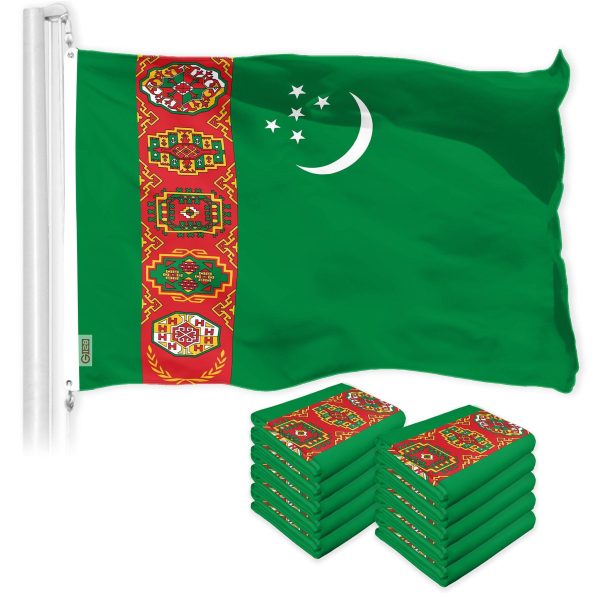 G128 10 Pack: Turkmenistan Turkmenistani Flag | 3x5 Ft | LiteWeave Pro Series Printed 150D Polyester | Country Flag, Vibrant Colors, Brass Grommets, Thicker and More Durable Than 100D 75D Polyester