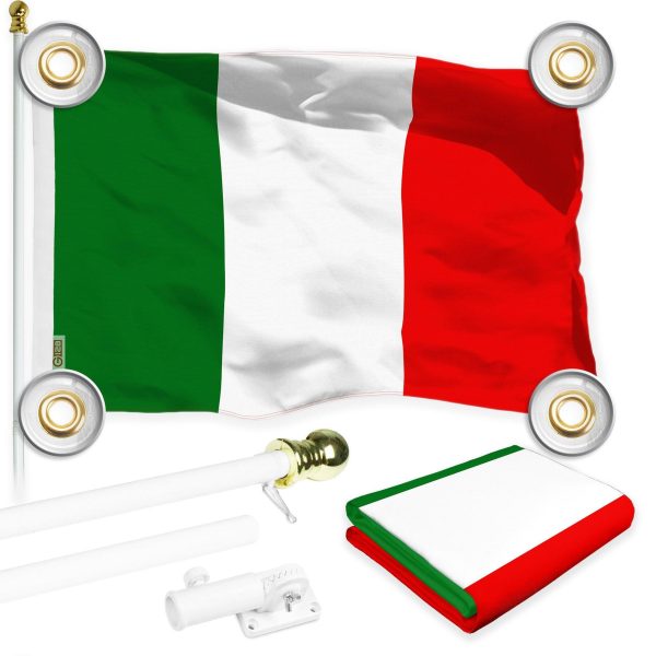 G128 Combo Pack: 6 Ft Tangle Free Aluminum Spinning Flagpole (White) & Italy Italian Flag 3x5 Ft, LiteWeave Pro Series Printed 150D Polyester, 4 Corner Brass Grommets | Pole with Flag Included
