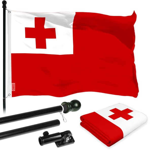 G128 Combo Pack: 6 Ft Tangle Free Aluminum Spinning Flagpole (Black) & Tonga Tongan Flag 3x5 Ft, LiteWeave Pro Series Printed 150D Polyester | Pole with Flag Included