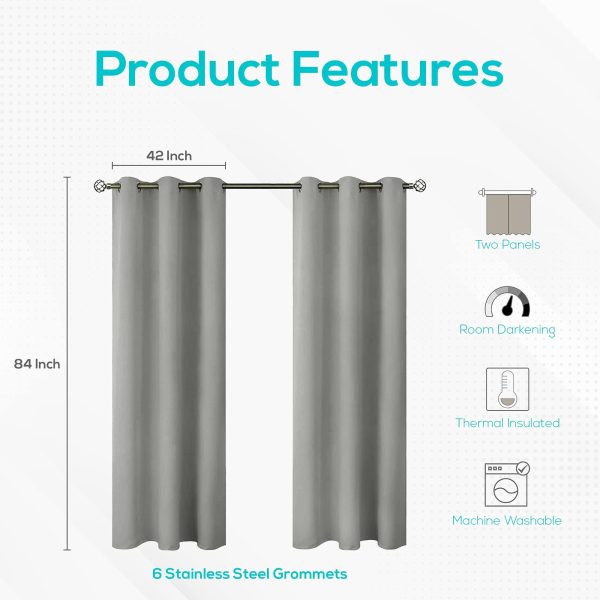 Blackout Curtains for Bedroom Pack of 2 Window Hanging Panels 84 inch Long Blind Off Grommet Curtains Thick Black Out Window Screen No Light Drapes (42 x 84 inch Silver) - Image 4