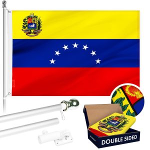 G128 Combo Pack: 6 Ft Tangle Free Aluminum Spinning Flagpole (Silver) & Venezuela 7 Stars Venezuelan Flag 3x5 Ft, ToughWeave Series Double Sided Embroidered 210D Polyester | Pole with Flag Included