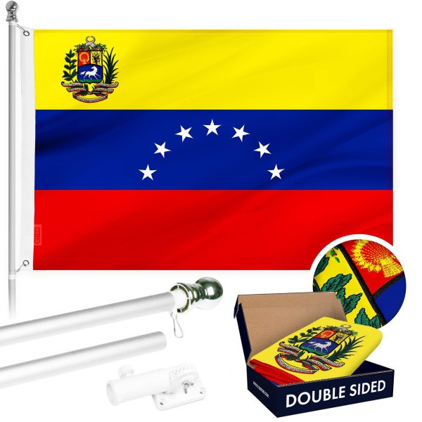 G128 Combo Pack: 6 Ft Tangle Free Aluminum Spinning Flagpole (Silver) & Venezuela 7 Stars Venezuelan Flag 3x5 Ft, ToughWeave Series Double Sided Embroidered 210D Polyester | Pole with Flag Included