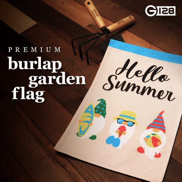 G128 Garden Flag Hello Summer Three Beach-Ready Gnomes 12"x18" Burlap Fabric - Image 2