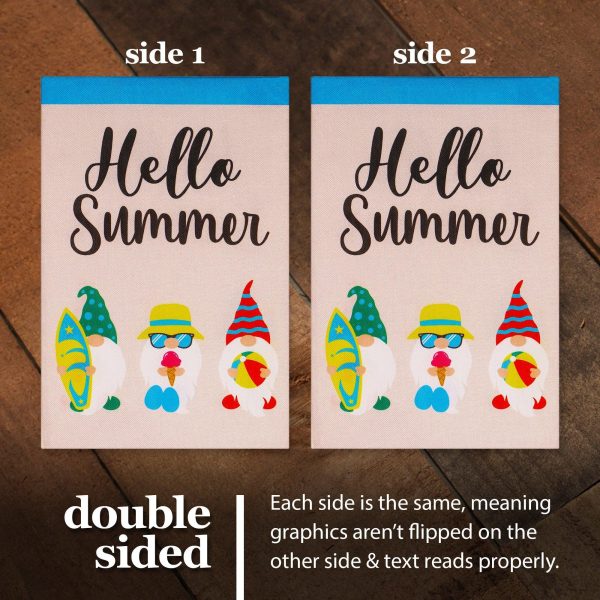 G128 Garden Flag Hello Summer Three Beach-Ready Gnomes 12"x18" Burlap Fabric - Image 3