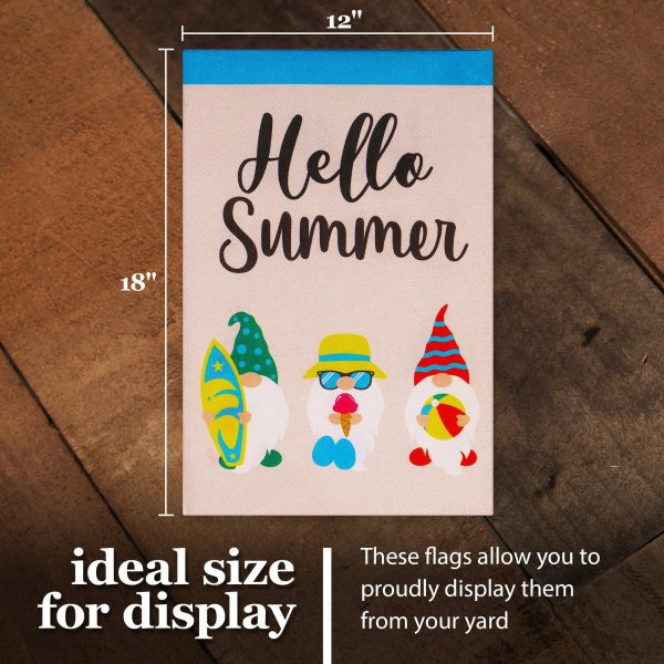 G128 Garden Flag Hello Summer Three Beach-Ready Gnomes 12"x18" Burlap Fabric - Image 4