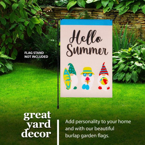 G128 Garden Flag Hello Summer Three Beach-Ready Gnomes 12"x18" Burlap Fabric - Image 9