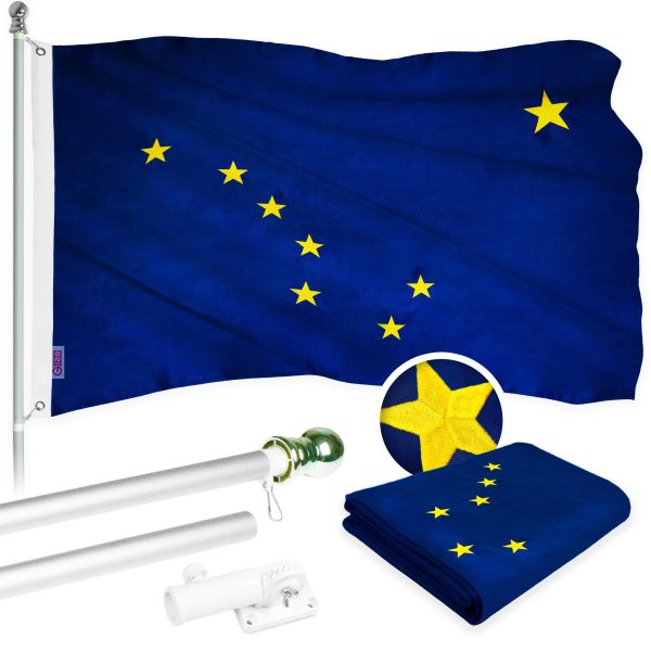 G128 Combo Pack: 5 Ft Tangle Free Aluminum Spinning Flagpole (Silver) & Alaska AK State Flag 2.5x4 Ft, ToughWeave Series Embroidered 300D Polyester | Pole with Flag Included