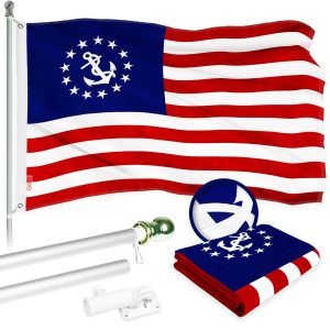 G128 Combo Pack: 5 Ft Tangle Free Aluminum Spinning Flagpole (Silver) & American USA Yacht Ensign Flag 2.5x4 Ft, ToughWeave Series Embroidered 300D Polyester | Pole with Flag Included