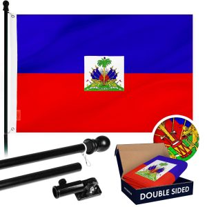 G128 Combo Pack: Flag Pole 6 FT Black Tangle Free & Haiti Haitian Flag 3x5 FT Double Sided Embroidered 210D Polyester