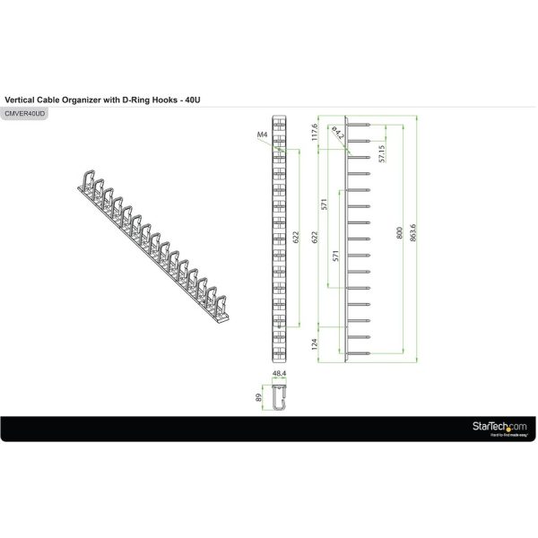 StarTech.com Vertical Cable Organizer with D-Ring Hooks - Vertical Cable Management Panel - 40U - 6 ft. - Image 9