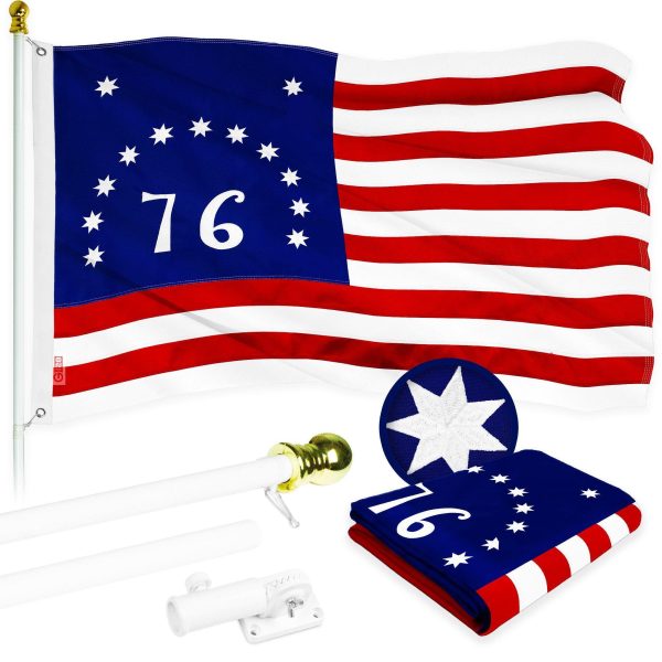 G128 Combo Pack: 6 Ft Tangle Free Aluminum Spinning Flagpole (White) & Bennington 76 Flag 3x5 Ft, ToughWeave Series Embroidered 300D Polyester | Pole with Flag Included