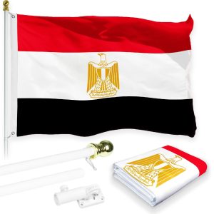 G128 Combo Pack: 6 Feet Tangle Free Spinning Flagpole (White) Egypt Egyptian Flag 3x5 ft Printed 150D Brass Grommets (Flag Included) Aluminum Flag Pole