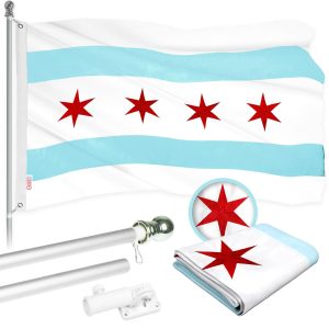 G128 Combo Flag Pole 5 FT Silver Tangle Free & Chicago Flag 2x3 FT Combo Embroidered 300D Polyester