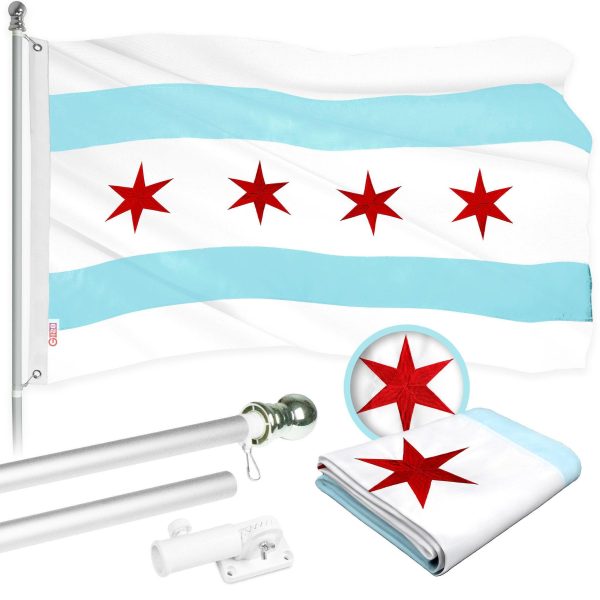 G128 Combo Flag Pole 5 FT Silver Tangle Free & Chicago Flag 2x3 FT Combo Embroidered 300D Polyester