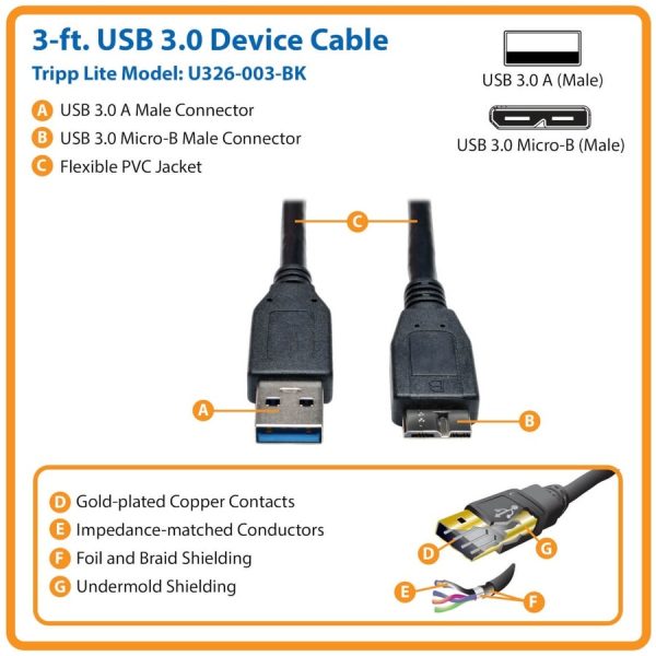 Eaton Tripp Lite Series USB 3.0 SuperSpeed Device Cable (A to Micro-B M/M) Black, 3 ft. (0.91 m) - Image 2