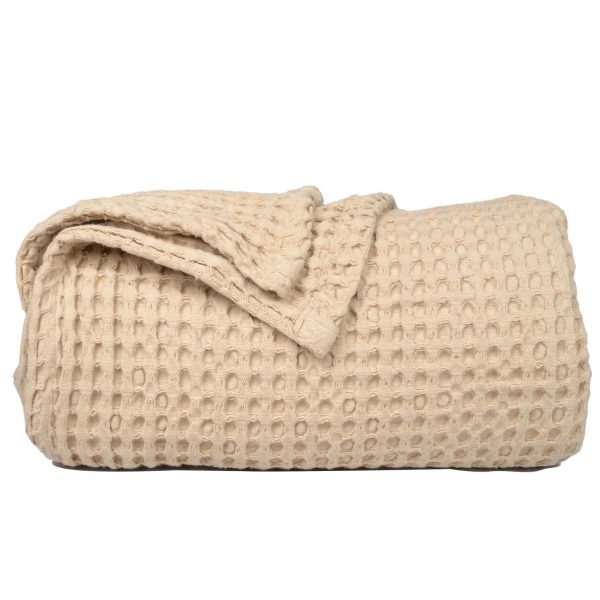The Fine Living Co. 100% Cotton Waffle Weave Throw Blanket   Lightweight Soft and Breathable Throw Blanket for All Season  Skin Friendly Blanket for Couch Bed Sofa  50”x70” inches Sand