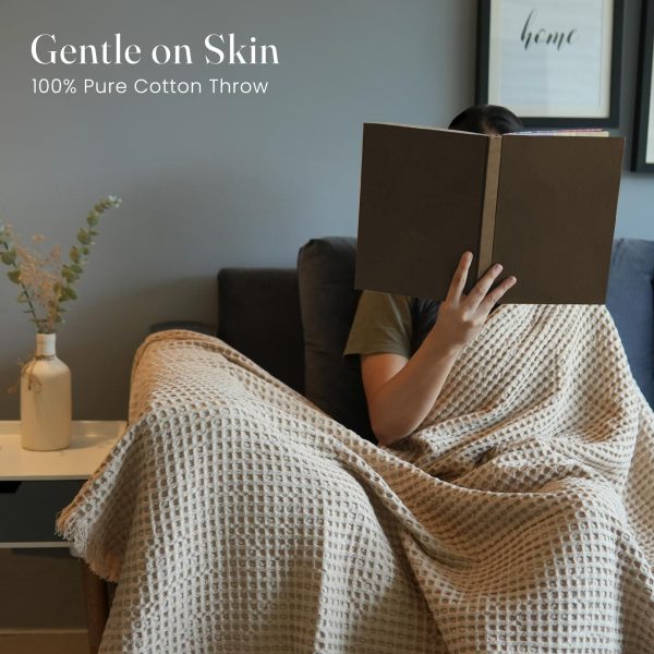 The Fine Living Co. 100% Cotton Waffle Weave Throw Blanket   Lightweight Soft and Breathable Throw Blanket for All Season  Skin Friendly Blanket for Couch Bed Sofa  50”x70” inches Sand - Image 2